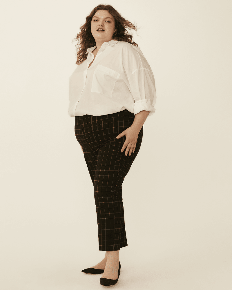 Plus size model with pear body shape wearing Narcissa Pull-on Pant by Ryan Wylde | Dia&Co | dia_product_style_image_id:179597